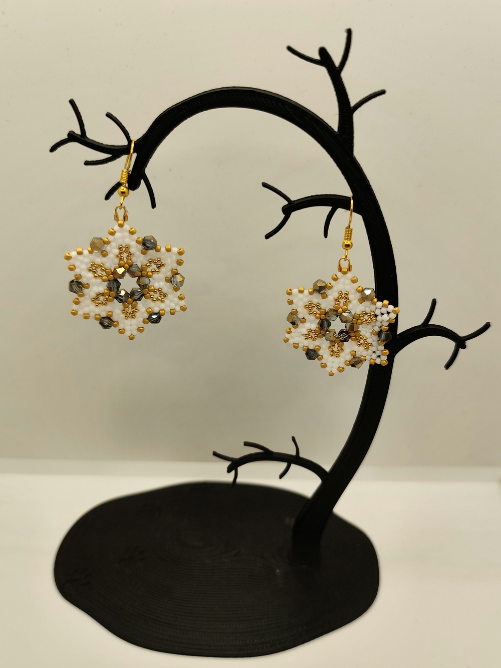 Handcrafted White and Gold Beaded Flower Earrings - Women Jewelry